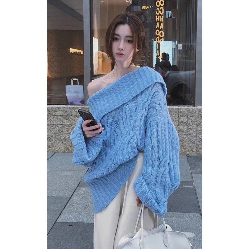 parkyeon秋冬新款蓝色一字肩针织毛衣女高腰显瘦阔腿休闲裤套装