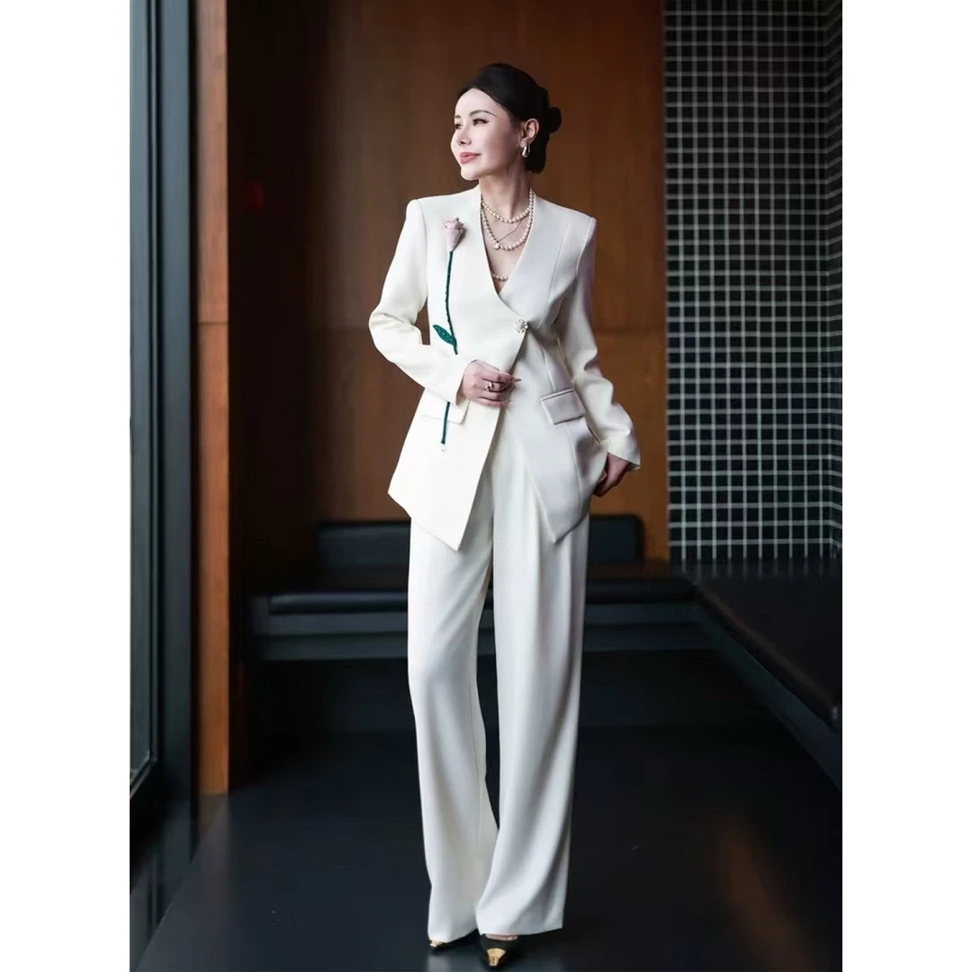 女总裁高职业装夏法式立体花朵马甲长裤时尚套装潮气质筒裤两件套