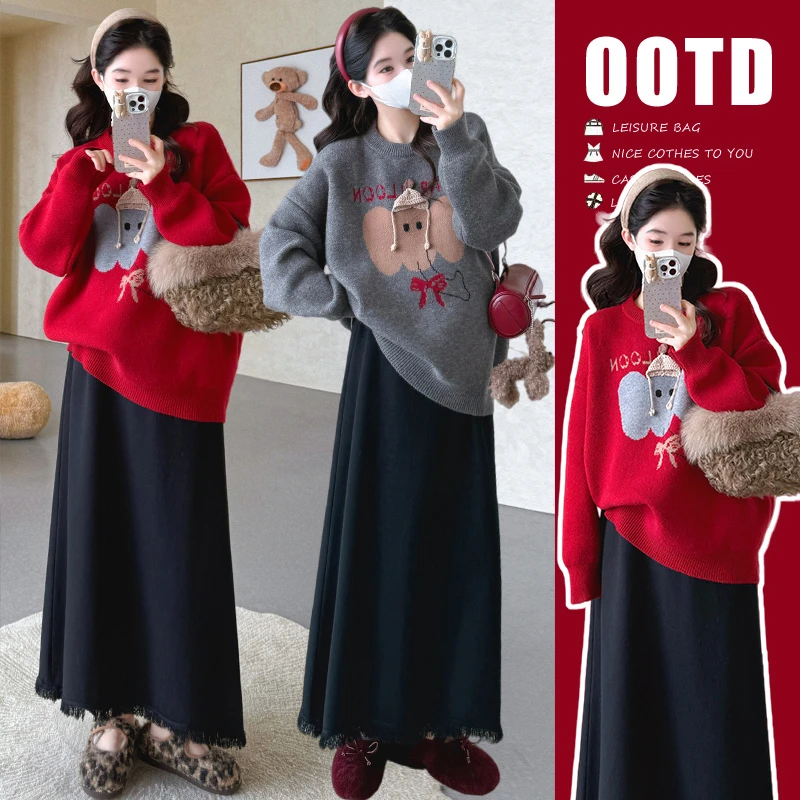 【伊伊】孕妇装大象提花圆领毛衣时尚上衣冬季新款韩系宽松显瘦保暖