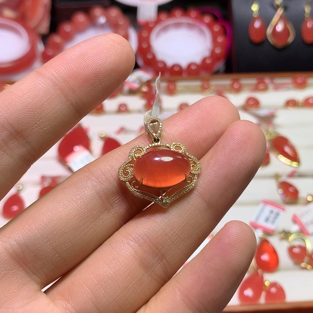 菱锰矿（红纹石）18K金镶嵌手串蛋面吊坠