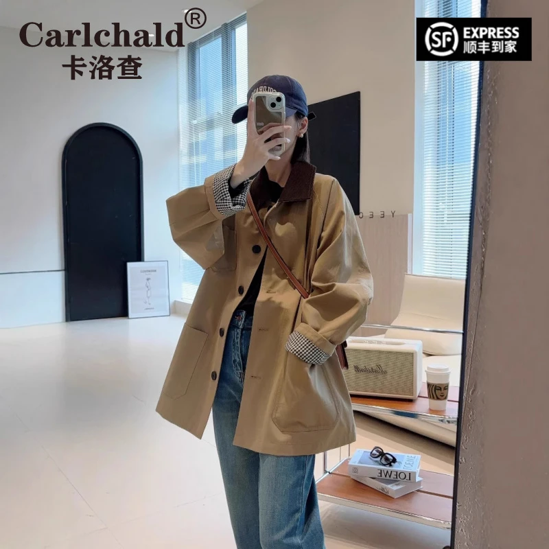卡洛查（CARLCHALD）韩版春秋棉廓形小个子中长款风衣女撞色宽松卡