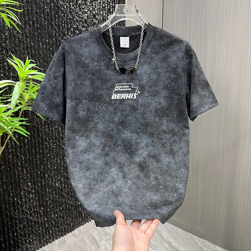 夏季新款潮流烫钻休闲T恤男士宽松圆领潮流半袖体恤衫痞帅百搭t恤