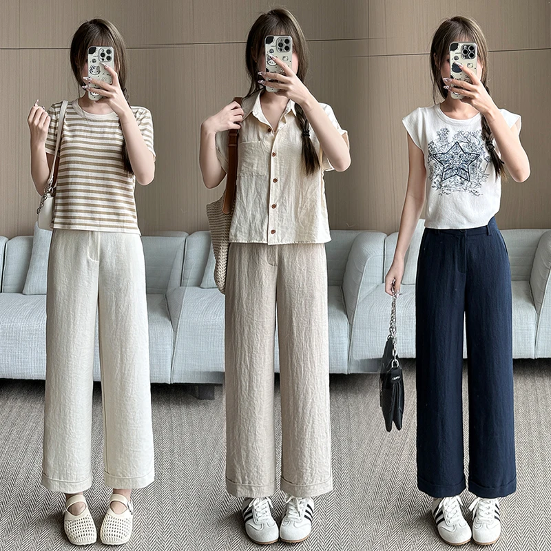 【小个子】2025九分裤夏季阔腿裤薄款高腰休闲裤夏装垂感大码度假风