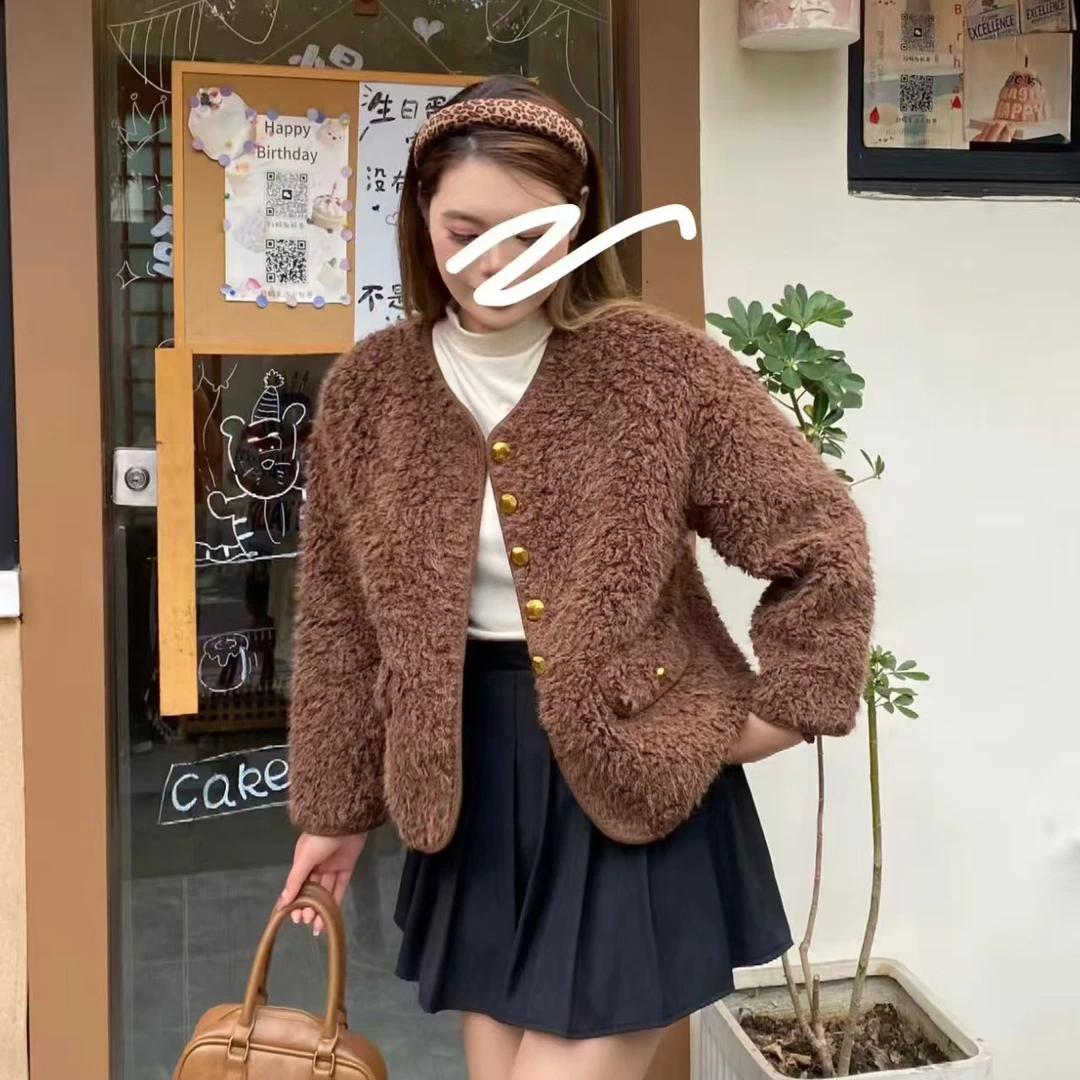 无印心匠单排扣 ~ 纯色  高级感 简约百搭 皮毛一体外套 A26373