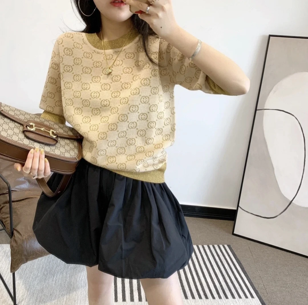 95新 GUCCI/古驰 aa2128 羊毛 金丝Logo满印短袖针织衫 S码