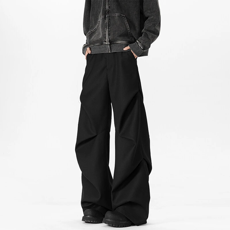 美式小众设计感褶皱伞兵裤男女宽松休闲微喇裤高级感潮牌黑色西裤