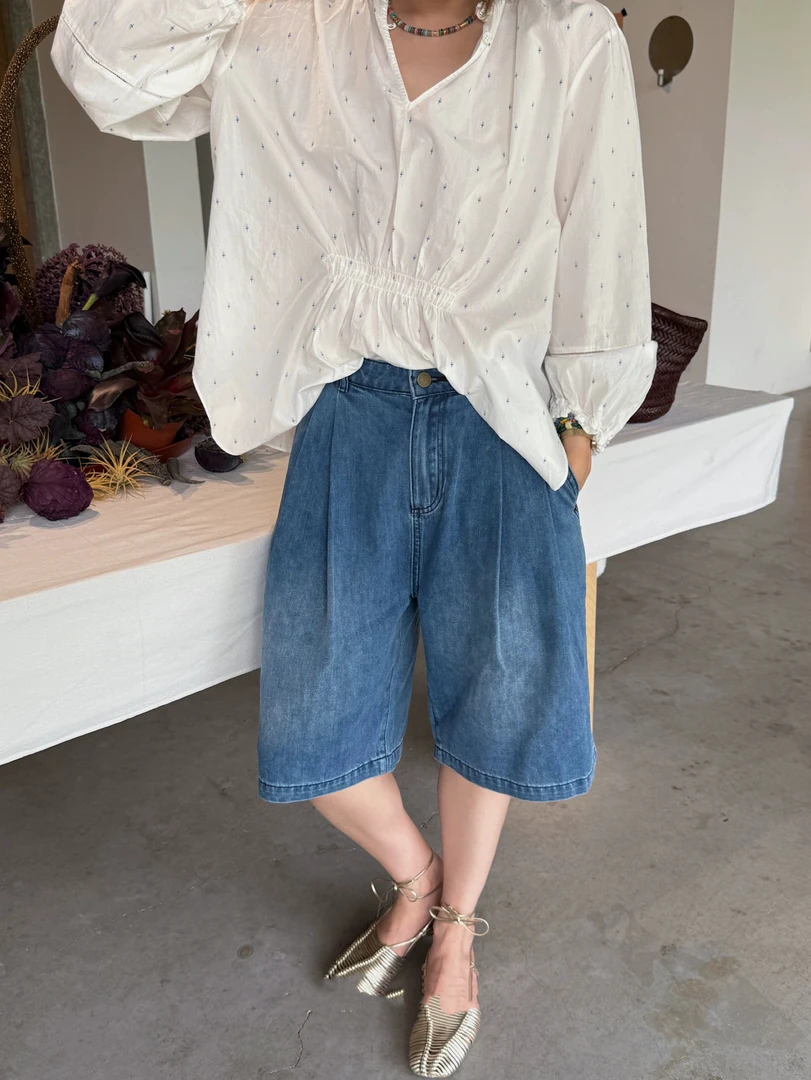 8580#高腰复古牛仔短裤女夏季薄款宽松显瘦阔腿五分中裤子