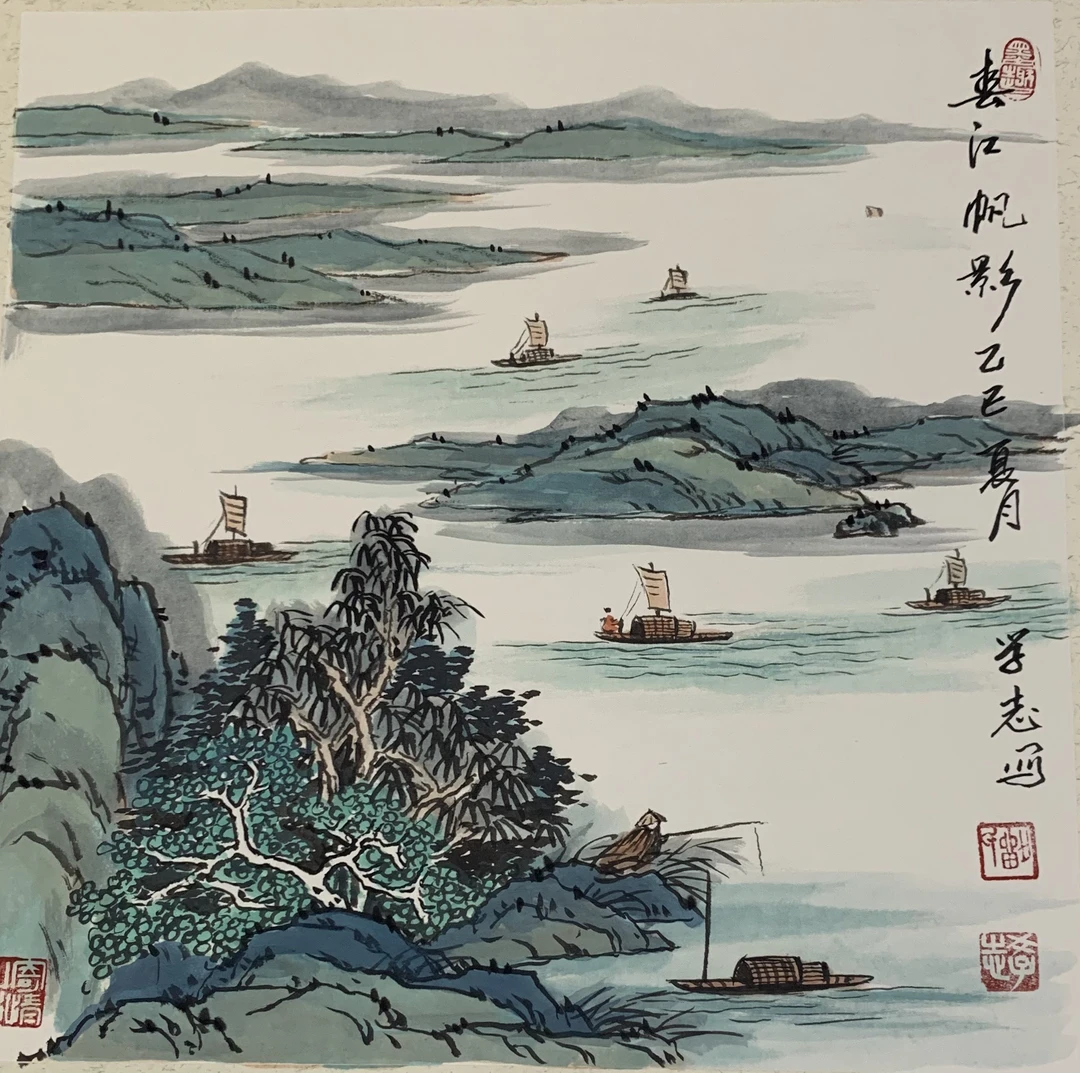 宣纸卡纸国画山水春江帆影5 0 X 5 0精品无框