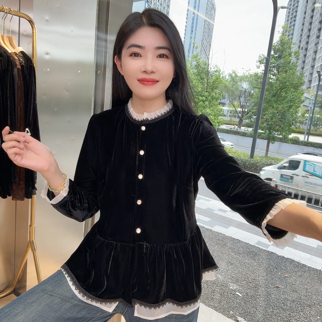 QC 253757 秋款 丝绒花边甜美设计感衬衫重工洋气上衣