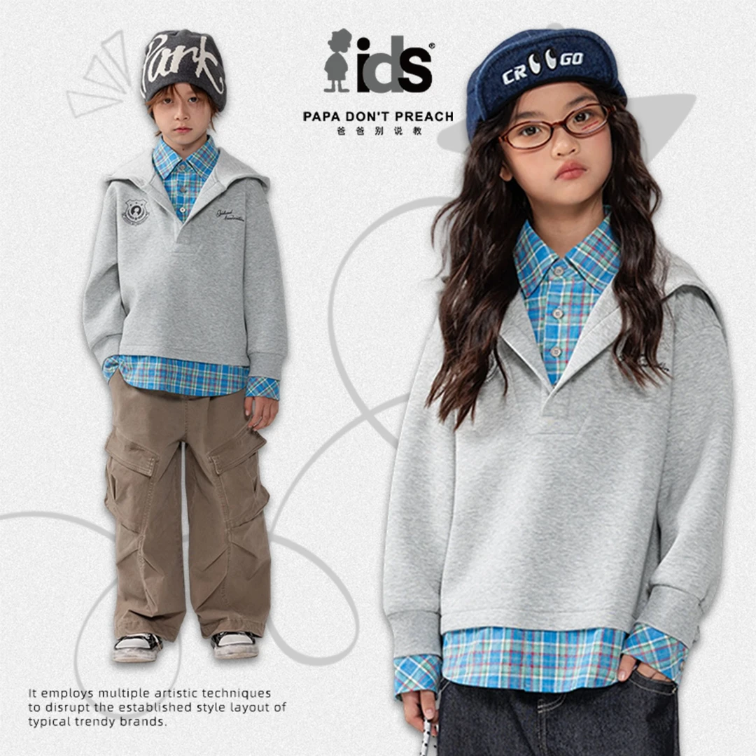 IDS【假两件】男女潮牌青少年花灰卫衣2025秋冬季休闲单排扣外套