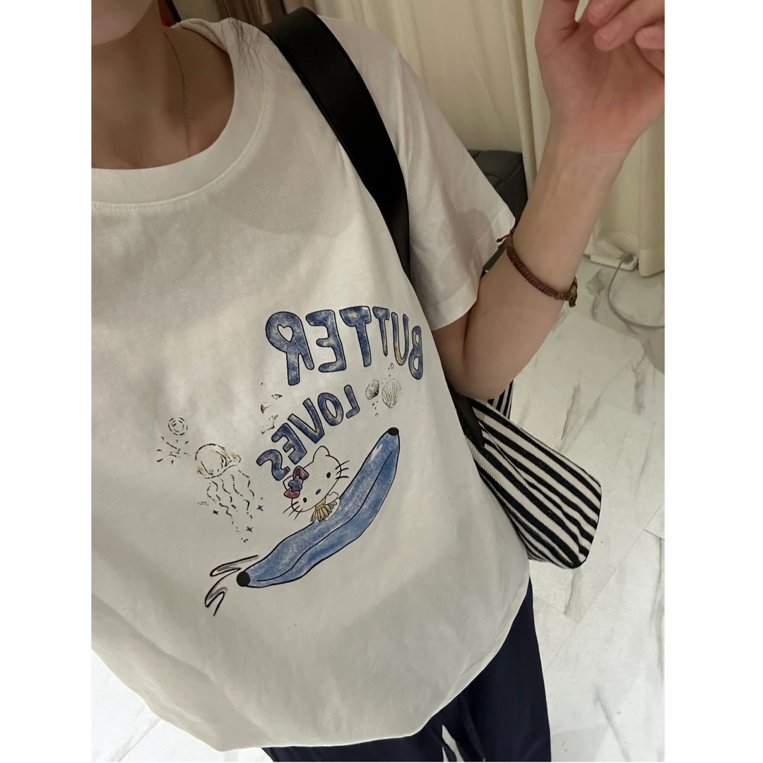 25年夏季新款猫咪印花洋气百搭正肩圆领雪花棉短袖T恤
