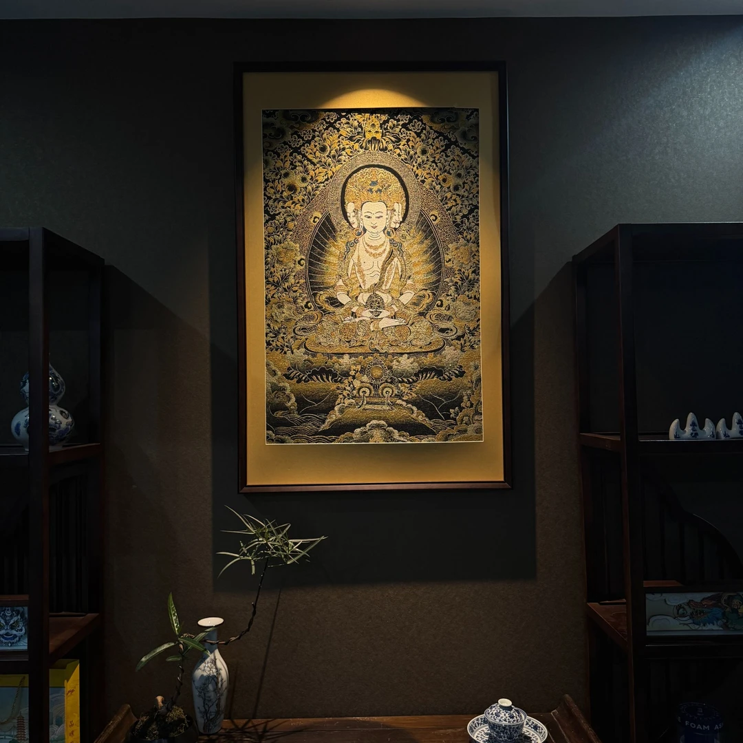 刺绣【大日如来】挂画实木装裱办公室玄关茶室书房背景墙装饰画