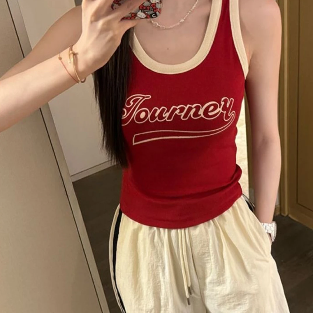 夏季女款美式字母印花修身无袖短款外穿吊带背心