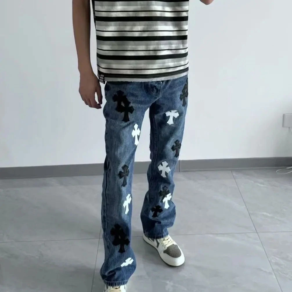 2025潮牌十字架裤子贴皮牛仔裤水洗美式高街直筒男女宽松男款