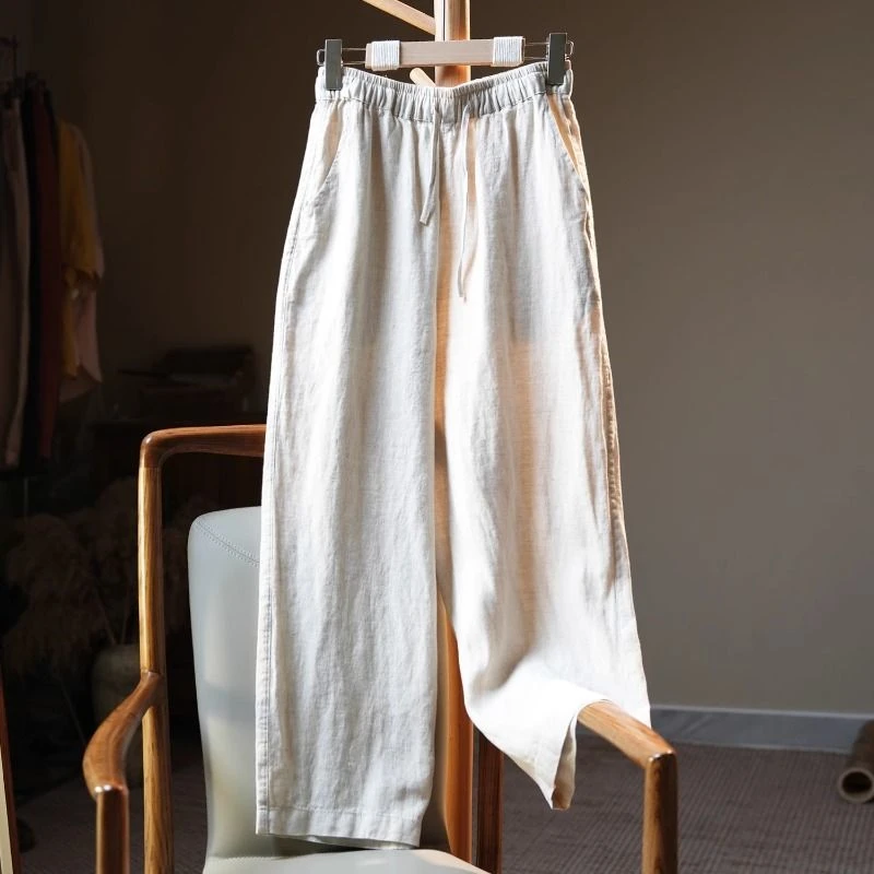 【现货+运费险】春夏棉麻阔腿裤高腰松紧直筒裤九分休闲裤宽松薄款