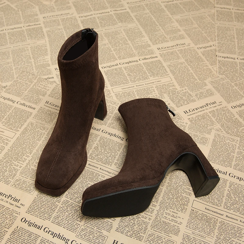 复古绒面弹力瘦瘦靴女法式粗跟方头后拉链小个子高跟显瘦时装短靴