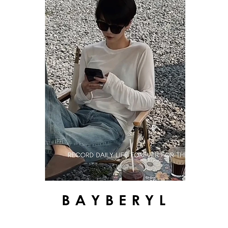 BAYBERYL老贝双皮奶*经典黑白圆领长袖打底舒适春T恤NT5B1642-3/8