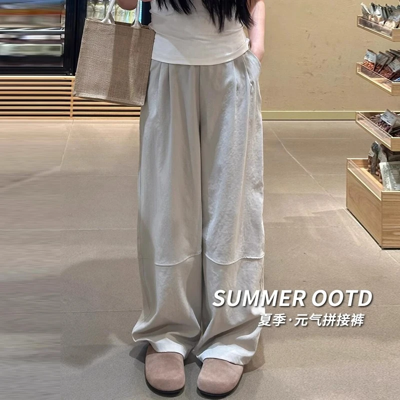 灰色冰丝山本阔腿裤女夏季薄款休闲拼接小个子宽松显瘦速干弯刀裤