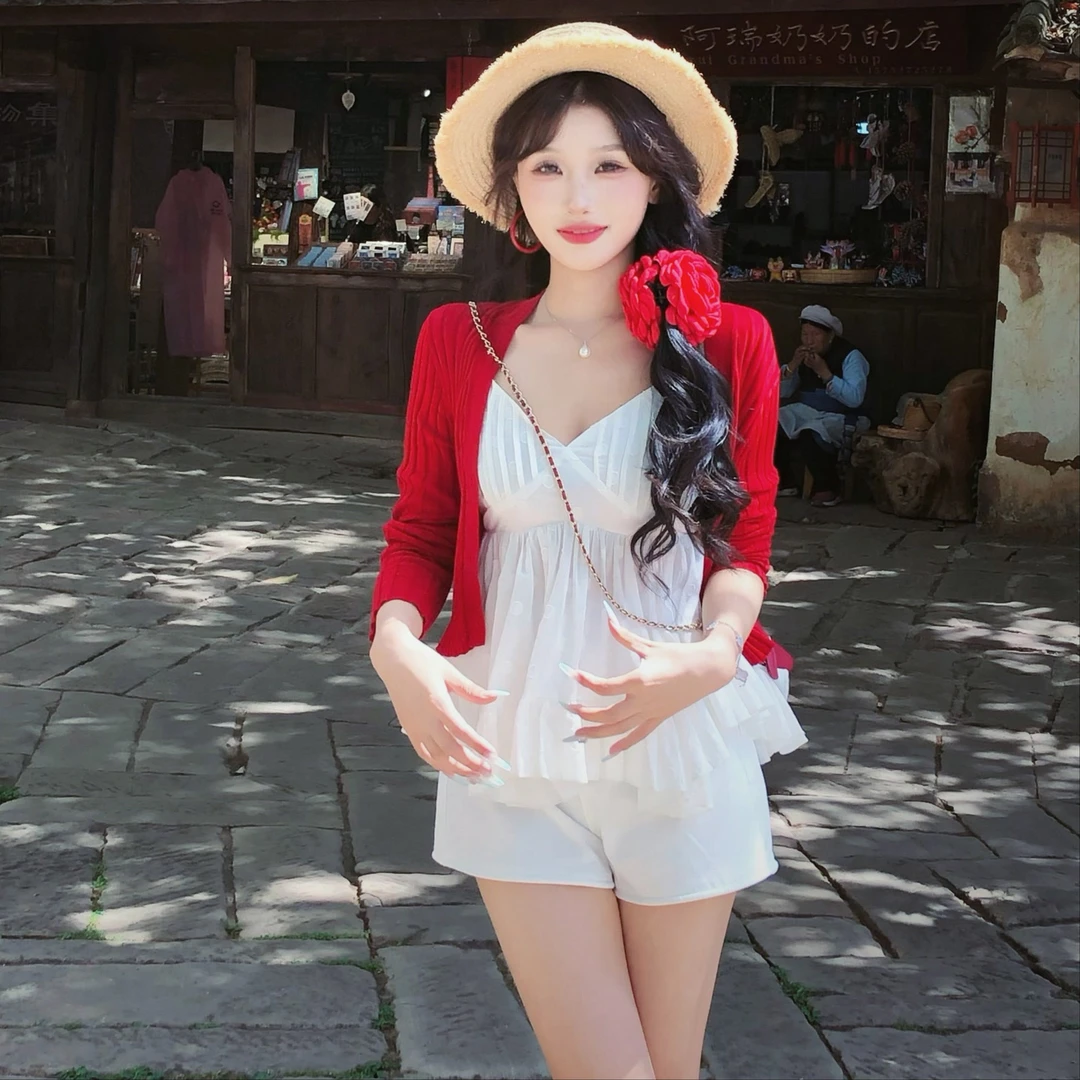 陈六六CHENLIULIU【祈愿少女】甜美韩版洋气吊带白色短裤