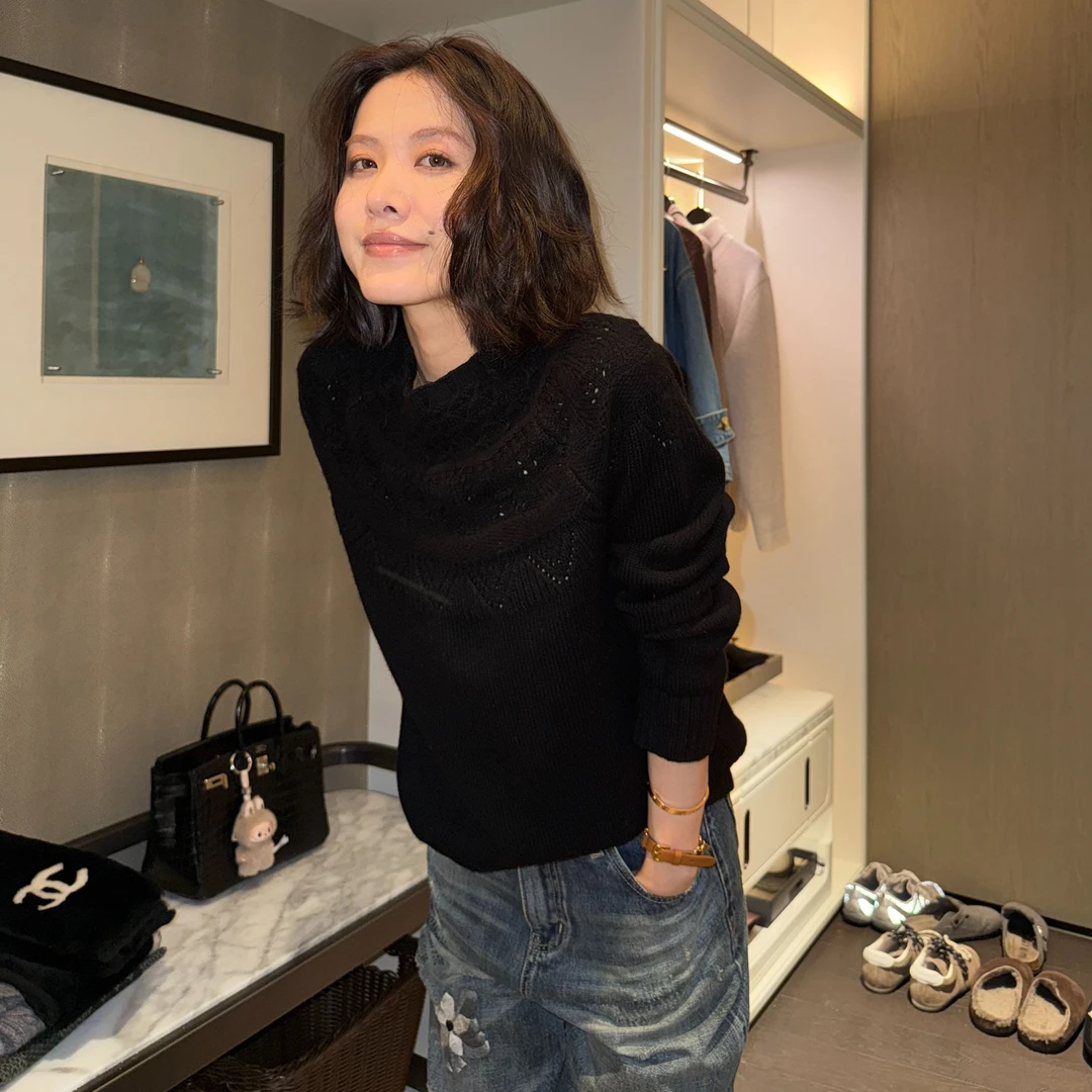 DE Mincollection镂空钩花毛衣/重工钩织复古圆领全羊毛毛衣59051