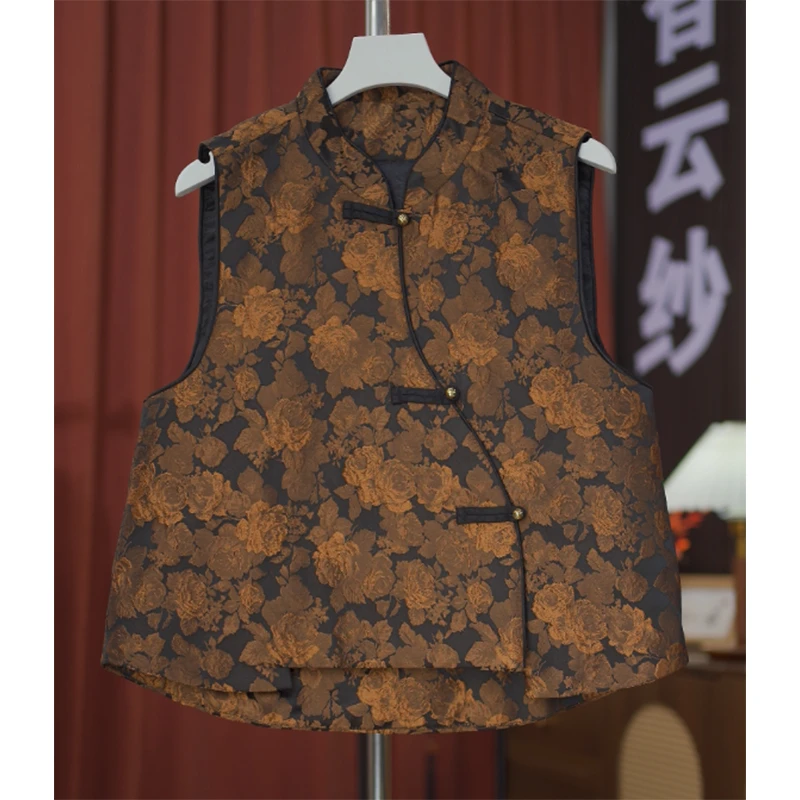 金牡丹-2737-秋冬重磅浮雕花缂丝织花女斜襟古风上衣马甲