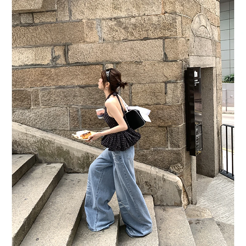 【猫须牛仔】美式高街阔腿牛仔裤高腰垂感拖地长裤4164