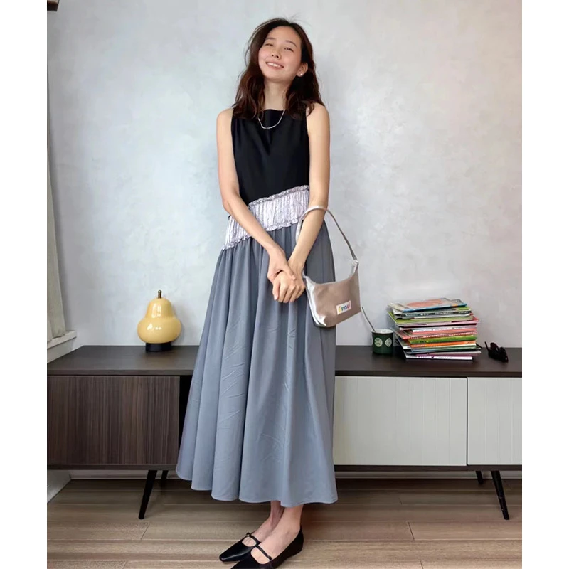 拼接色连衣裙气质温柔小众设计感无袖显瘦A字长裙女装气质炸街