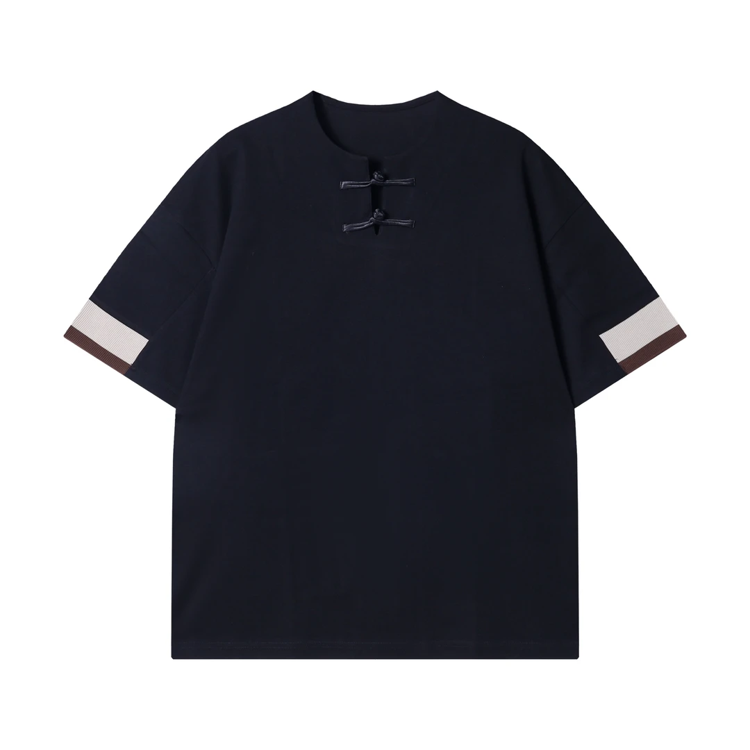 夏季新款时尚个性国风一字扣撞色圆领短袖T恤百搭气质简约上衣