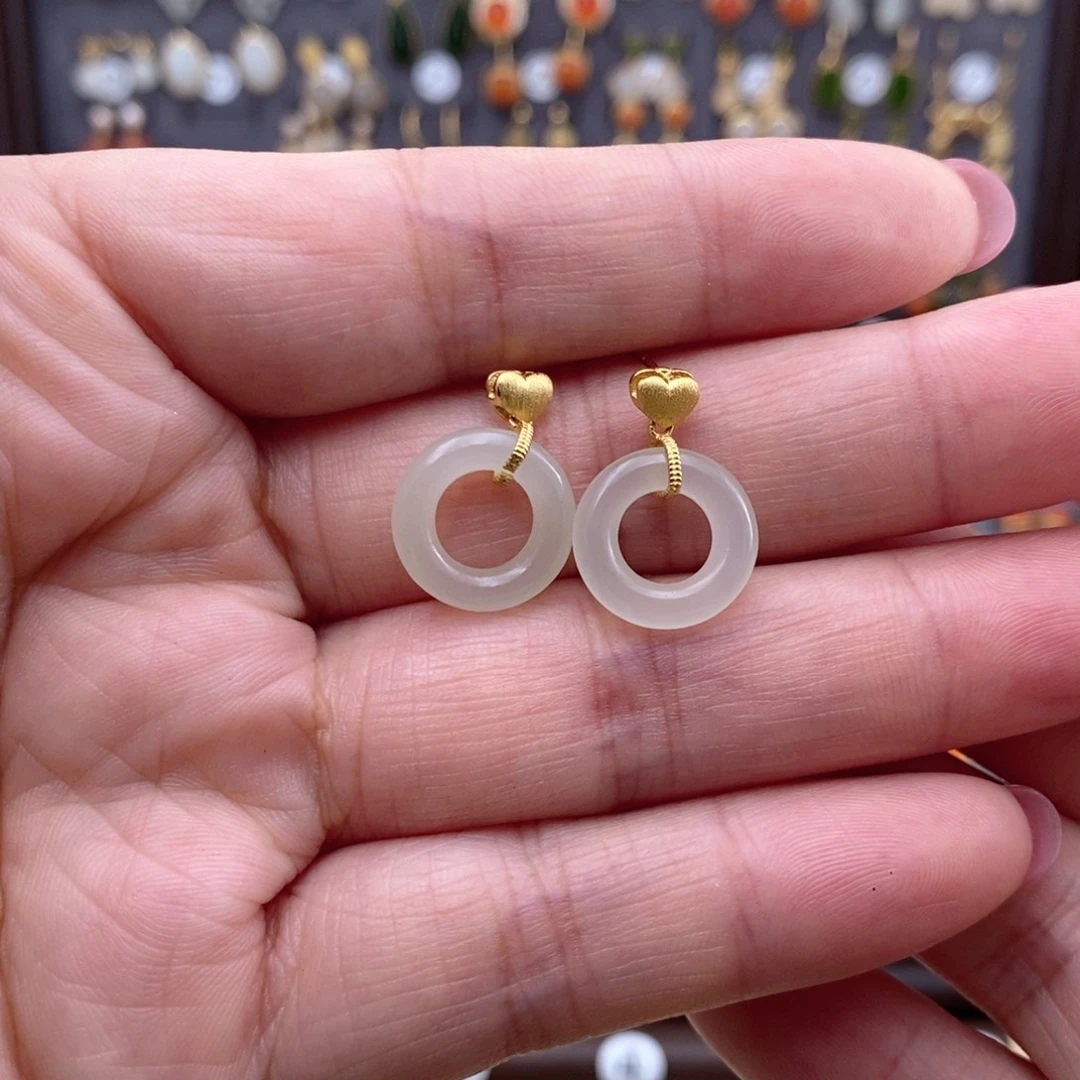 银S925镶嵌和田玉耳饰安***秀