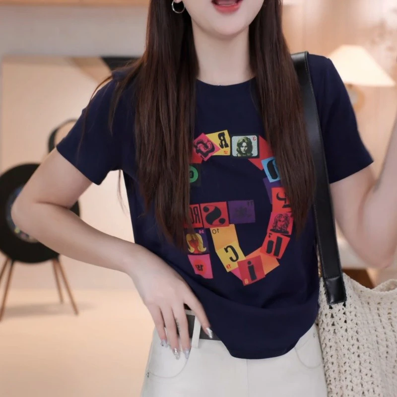 韩版设计感小众短袖T恤女2025夏季新款潮流短款彩色印花字母上衣