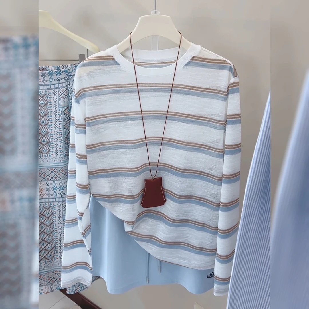 蓝色条纹薄款长袖t恤女秋季2025年新款韩系减龄百搭显瘦罩衫针织