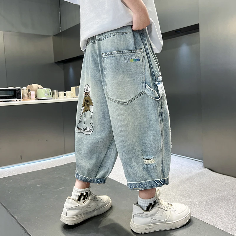 男童牛仔中裤夏季薄款2025新款中大童破洞儿童夏装痞帅风七分裤子