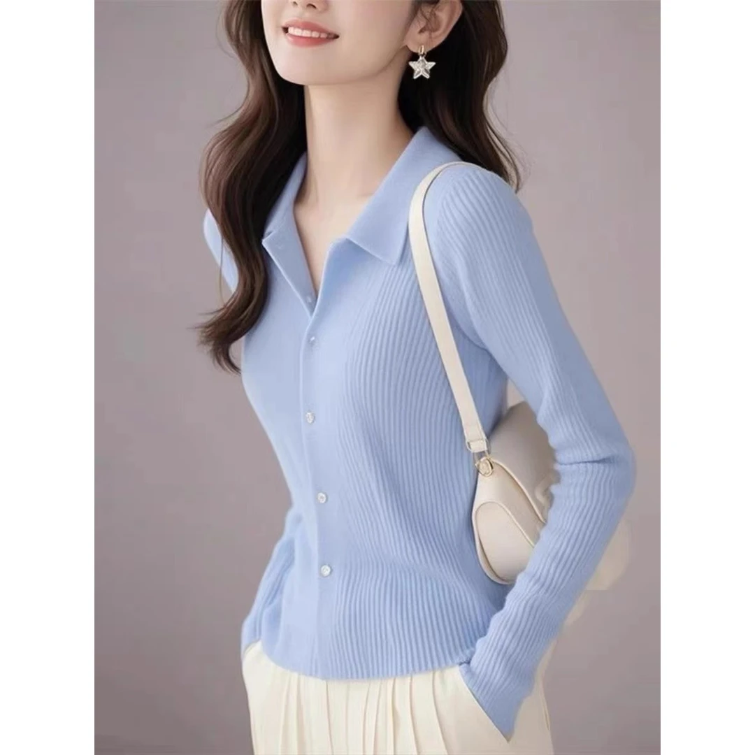 POLO领蓝色针织开衫独特漂亮上衣女2024新款爆款时尚坑条