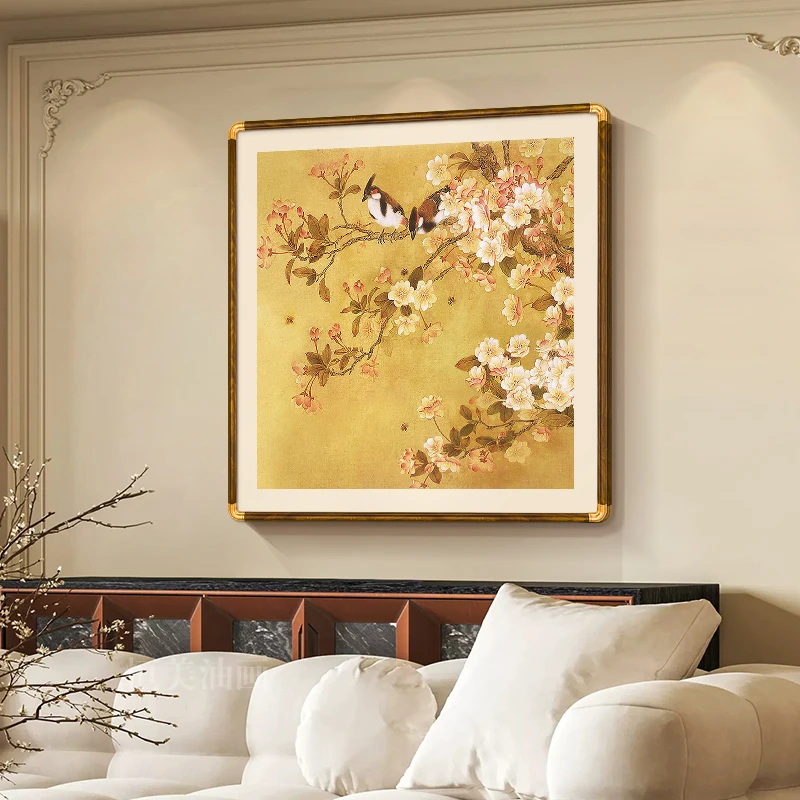 新中式花鸟装饰画纯手绘油画餐厅挂画中古风2025新款玄关过道壁画
