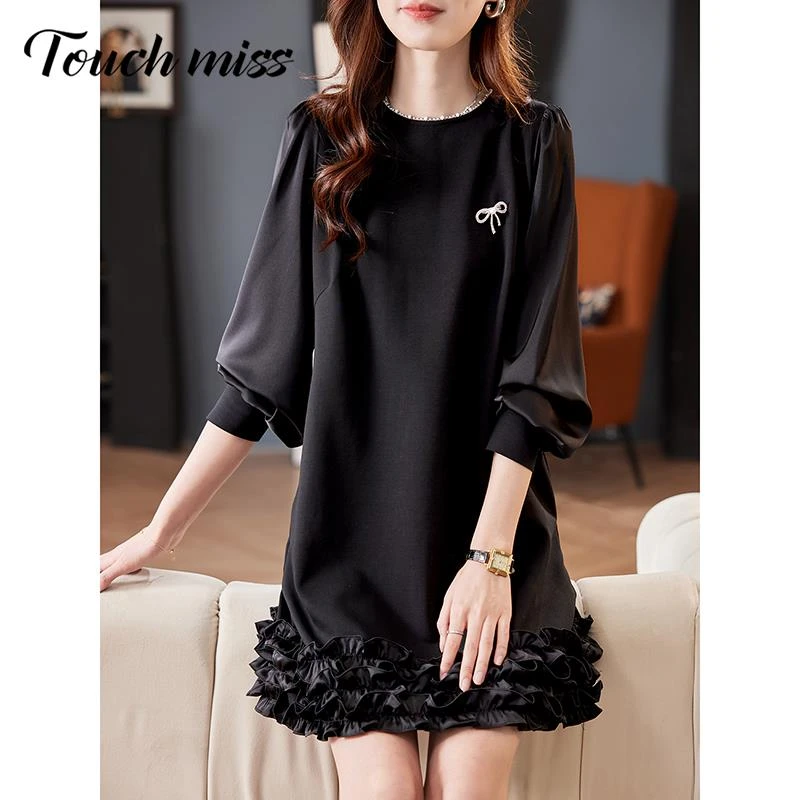 TOUCH MISS钉珠拼接长袖连衣裙千金风洋气七分袖设计感拼接气质