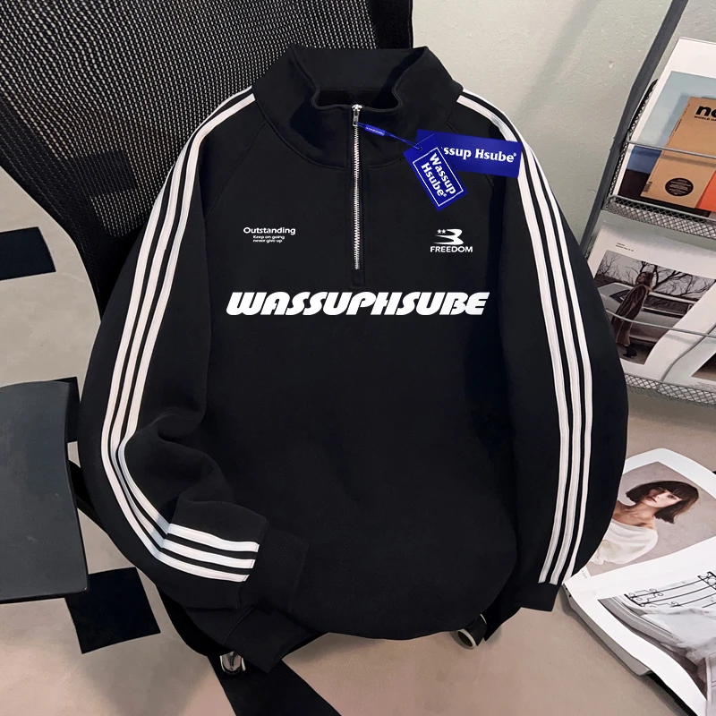 WASSUP HSUBE美式潮牌半拉链立领男士卫衣慵懒宽松外套棒球服上衣
