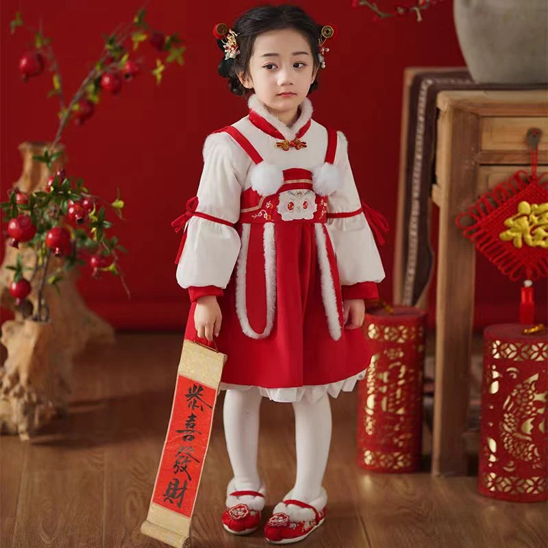 8124汉服女童拜年服冬季儿童唐装新年服装冬加厚女孩过年喜庆冬款