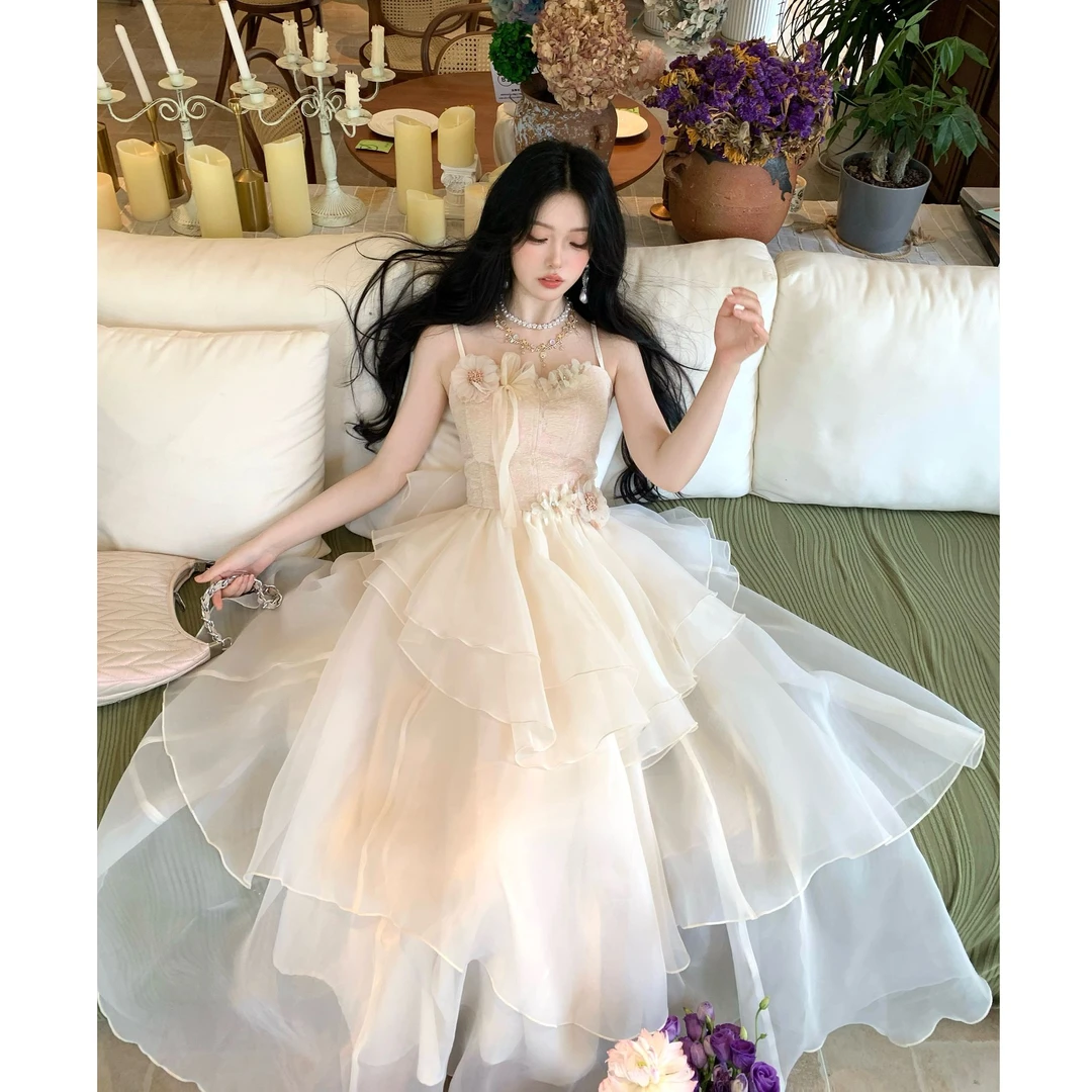 【糖糖】大码女装氛围感立体花朵不规则裙摆吊带连衣裙开衫12739