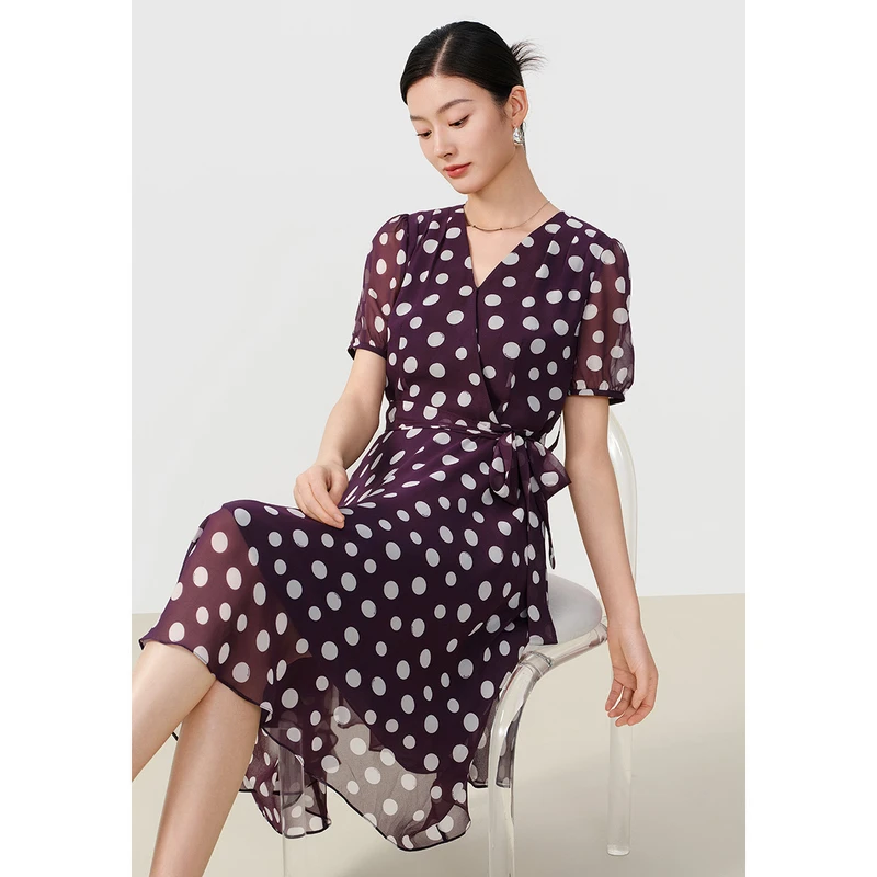 dunnu敦奴2025夏季新款V领收腰显瘦波点印花雪纺连衣裙