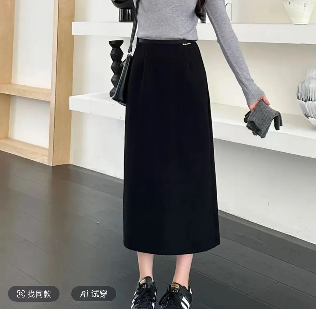 2025秋季女士新款黑色A字显瘦百搭高腰中长款后开叉包臀裙