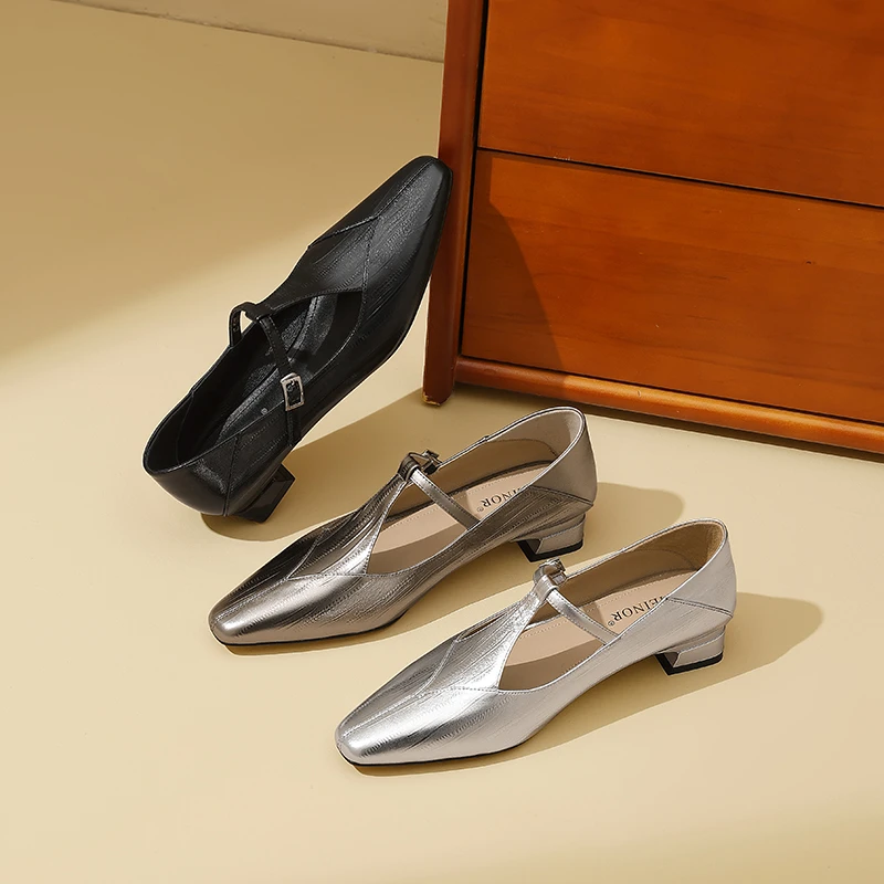 7126 AMEINOR 2025春季新款丁字带玛丽珍低跟百搭小方头单鞋