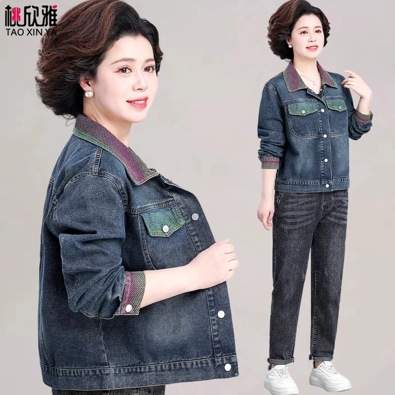 中年妈妈款洋气牛仔外套春秋中老年女装秋装休闲夹克工装短款上衣