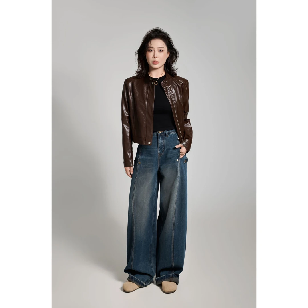 阿雅家-97J98 马丁牛仔显腿长高腰直筒时尚蓝色牛仔裤