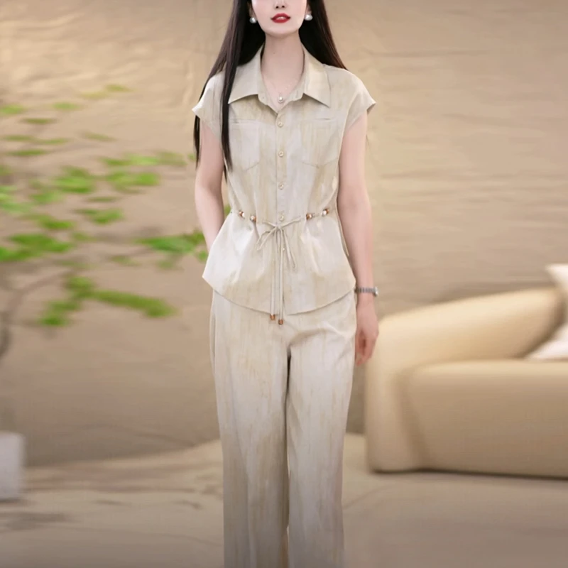 冰丝麻时尚直筒裤套装2025夏季新款简约百搭收腰宽松显瘦两件套装