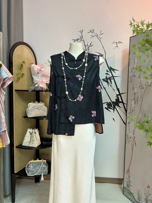 【粉蝶】夏季新款短衬衫国风新中式无袖上衣女装提花国风美学穿搭