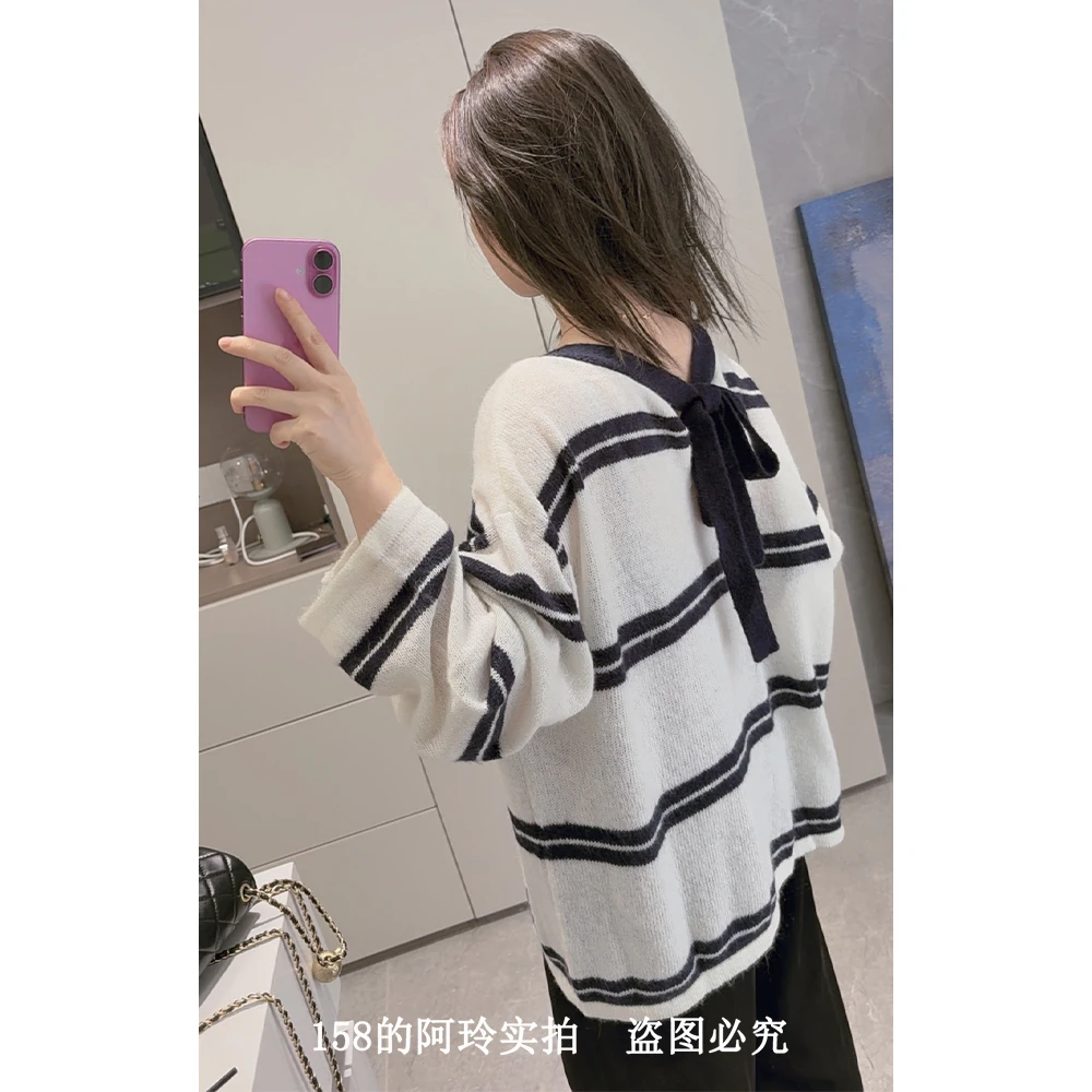 【阿玲实拍】羊毛条纹针织衫女前后两穿2025秋季新款宽松条纹上衣