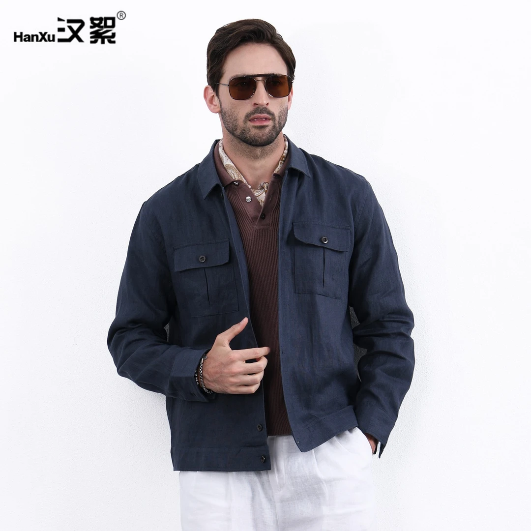 汉絮秋季工装风亚麻外套男款时尚多口袋衬衫式夹克男翻领长袖秋装