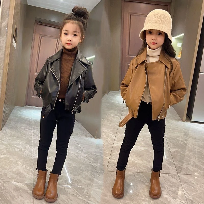 戴维贝啦皮衣儿童春秋短款夹克上衣韩版新款女童休闲机车外套时髦