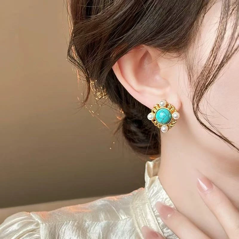 铜合金仿珍珠耳饰 气质蓝色轻奢时尚百搭复古法式优雅085