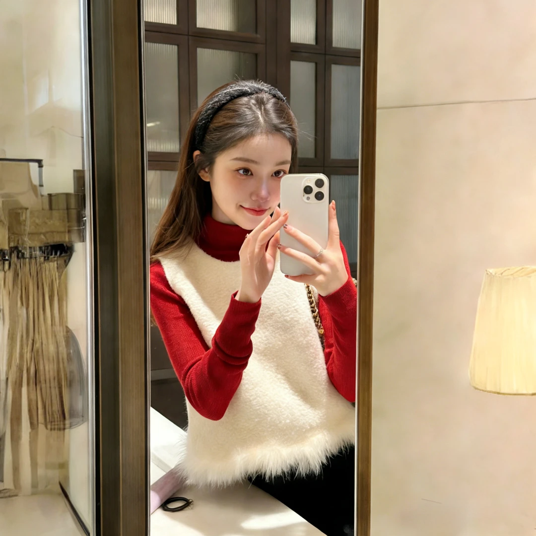 2026春季新款过年穿搭韩系时尚红色打底马甲背心黑色半身裙三件套